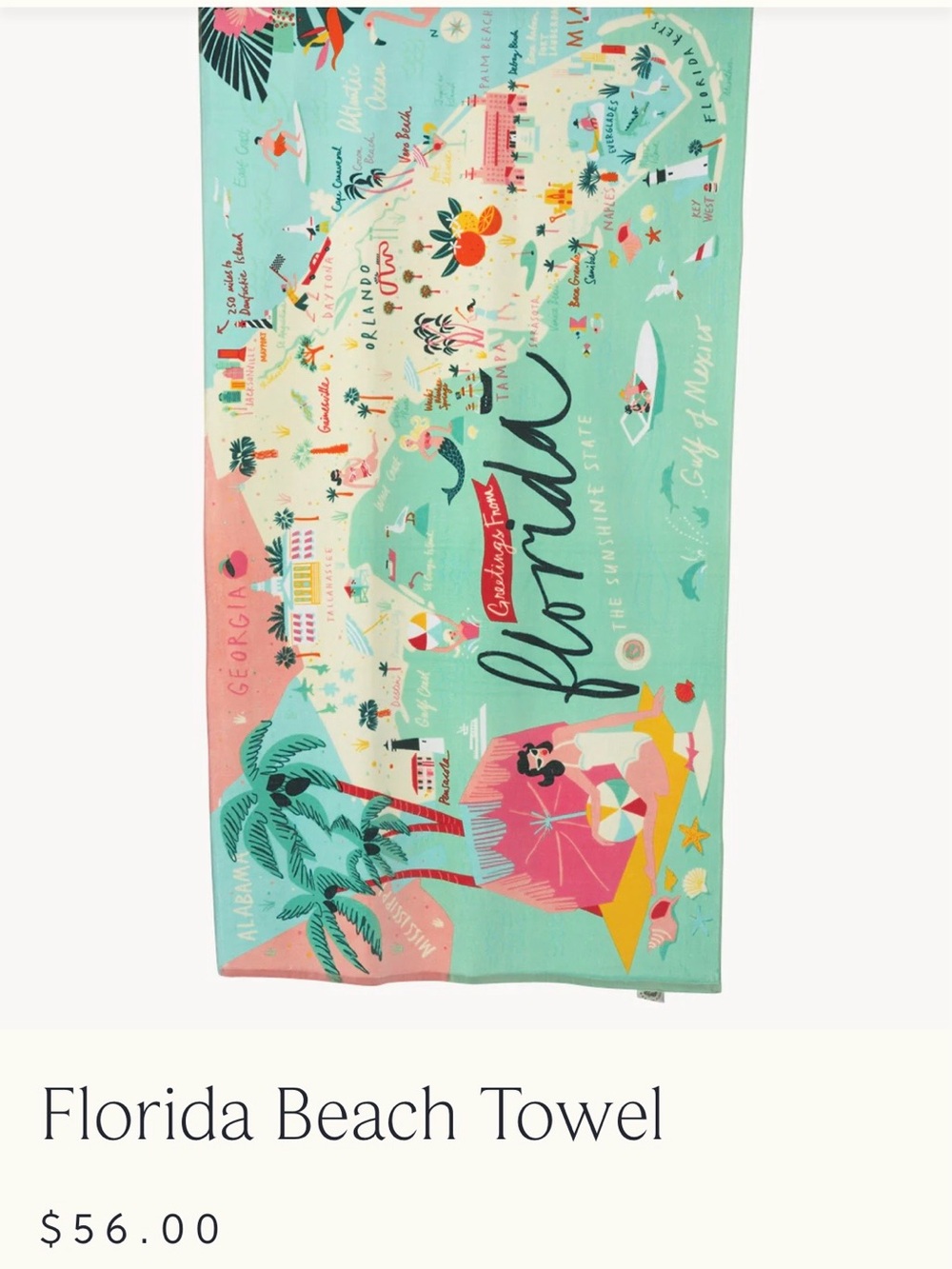 Spartina 449 Florida Map Beach Towel - Aqua, Coral, Yellow, Pink